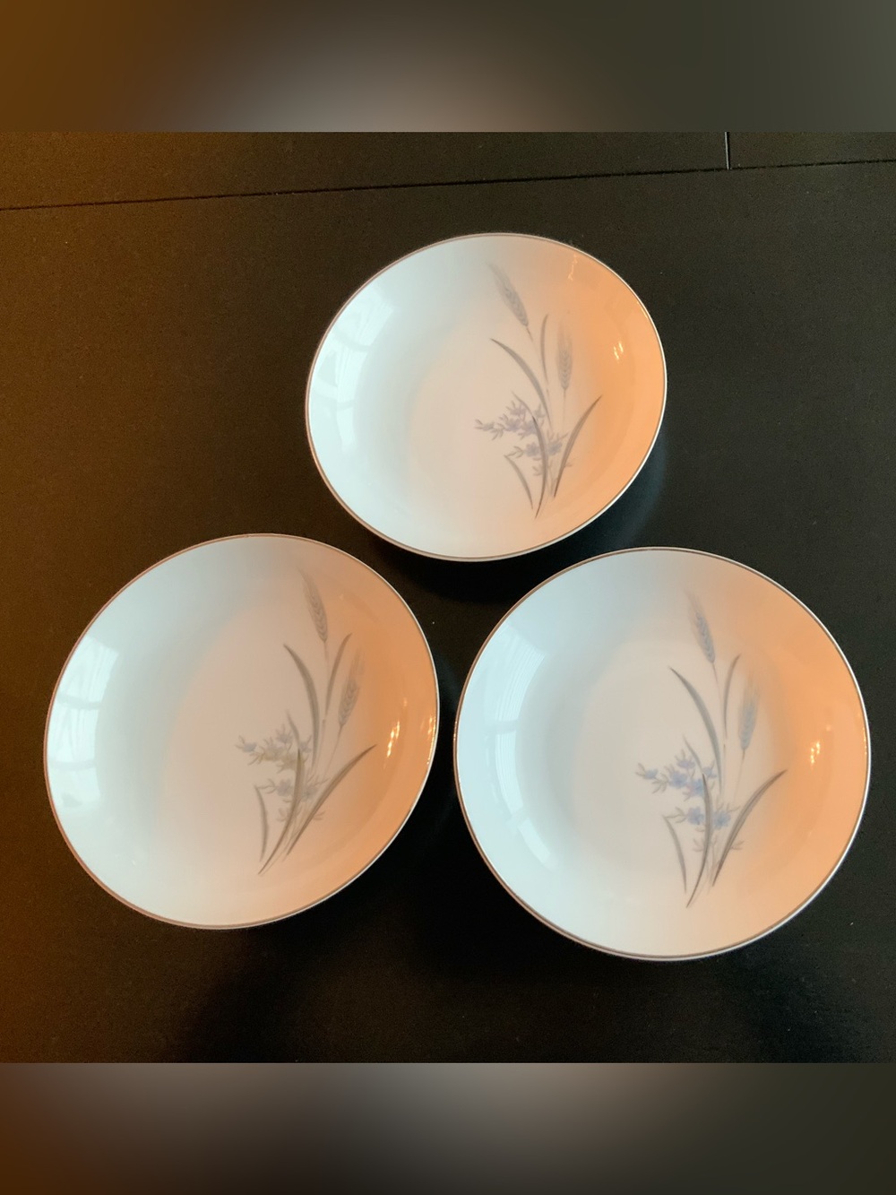 Vtg Castlecourt Fine China 3 Soup Bowl Blue Accent Wheat Harvest Japan